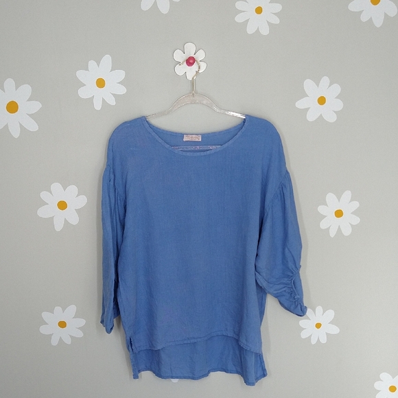 Bella Umbra Made In Italy Blue 100% Linen Balloon 3/4 Sleeve Flowy Blouse - Picture 1 of 12